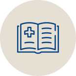 Icon representing an open book displaying a +, the symbol for a hospital